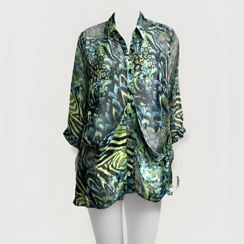 Sheer Animal-Print Button-Down Shirt - Green Multi